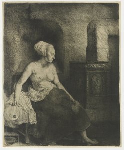 Nő félig felöltözve ül a tűzhely mellett alkotó: Rembrandt van Rijn