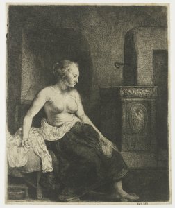 Nő félig felöltözve ül a tűzhely mellett alkotó: Rembrandt van Rijn