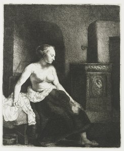 Nő félig felöltözve ül a tűzhely mellett alkotó: Rembrandt van Rijn