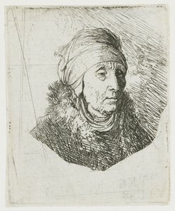 Nő, akinek magas fejdísze az álláig ér: mellszobor alkotó: Rembrandt van Rijn