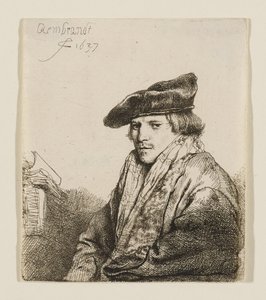 Bársonyos sapkás fiatalember, mellette könyvekkel alkotó: Rembrandt van Rijn