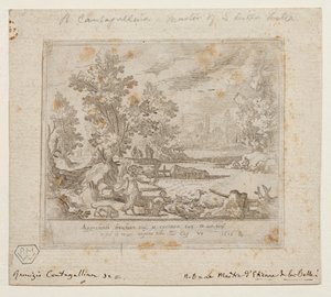 Tájkép Tóbiással és az angyallal, 1609 körül (metszet) alkotó: Remigio Cantagallina