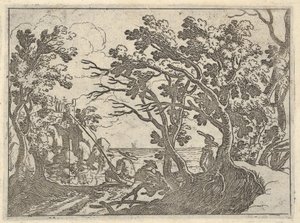 Táj szárazföldi halász és férfi bámészkodó a fák alatt, egy férfi csónakorrban..., kb. 1620-50.