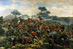 Risorgimento: a szicíliai Calatafimi csata Giuseppe Garibaldi (1807-1882), az ezres csapatok és a két Szicíliai Királyság hadserege között alkotó: Remigio Legat