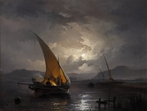 Éjszakai táj vitorlással, ahol tüzet gyújtanak, 1860 után (olaj, vászon) alkotó: Remigius van Haanen