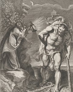 Szent Kristóf a Krisztus-gyermeket viszi át a patakon, egy másik férfi kezében egy ..., kb. 1636-80.