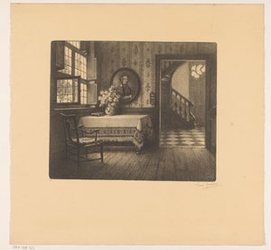Belső portréval, asztallal és kilátással a folyosóra alkotó: René Janssens (signed by artist)