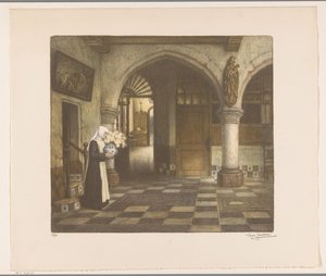 Apáca egy kolostor termében virágvázával alkotó: René Janssens (signed by artist)