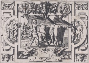 Jason veti a sárkány fogait Jason megszelídíti és megbilincseli és felszántja a f..., 1563.
