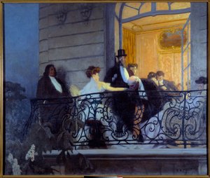 Belle Epoque: „” Az erkély””” Társadalmi este, egy férfi kézi szexet köt a háziasszonysal. Rene Prinet (1861-1946) festménye 1900 V. 1,86x1,56 m Caen, Musee des Beaux Arts