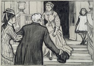 A látogatás, Rene Boylesve La Jeune Fille Bien Elevee illusztrációja (fekete-fehér kréták papíron) alkotó: René François Xavier Prinet