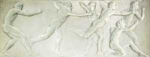 Öntött üveg figurális tábla, amely hat meztelen férfi atlétát ábrázol, alkotó: Rene Jules Lalique