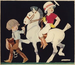 Fiú póló póniban, istállólány vezeti (színes litho) alkotó: Rene Vincent