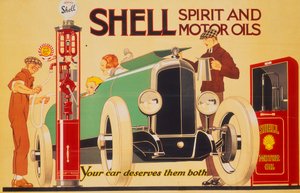 Shell szeszes italokat és motorolajokat reklámozó plakát.