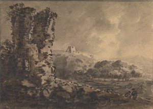 Klasszikus táj, bal oldalon rom, jobb oldalon két figura alkotó: Rev. William Gilpin