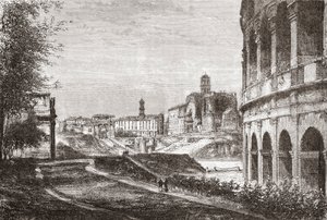 Megközelítés a Fórumhoz a Cellian-domb felől, Róma, Olaszország, 19. század vége. A Rev. Samuel Manning által 1890 körül kiadott Italian Pictures című műből. alkotó: Reverend Samuel Manning