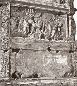 A déli tábla "A háború zsákmánya" című, a diadalmenetet ábrázoló domborműve a Titus boltozatán, Via Sacra, Forum Romanum, Róma, Olaszország. A Rev. Samuel Manning által 1890 körül kiadott Italian Pictures című kötetből. alkotó: Reverend Samuel Manning