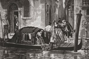 Utasok szállnak ki egy gondolából a Canal Grande csatornán, Velence, Olaszország, 19. század vége. A Rev. Samuel Manning által 1890 körül kiadott Italian Pictures című kötetből. alkotó: Reverend Samuel Manning