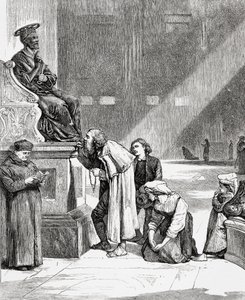 Emberek csókolják Szent Péter szobrának lábát a Szent Péter-bazilikában, Vatikánvárosban, Rómában, a 19. század végén. Samuel Manning tiszteletes 1890 körül kiadott Italian Pictures című művéből.