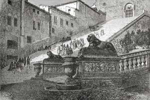 A Mennyei Oltáriszentség Mária-bazilikába vezető lépcsőház, Róma, Olaszország, 19. század vége. A Rev. Samuel Manning által 1890 körül kiadott Italian Pictures című műből. alkotó: Reverend Samuel Manning