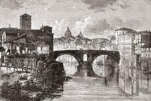 A Pons Fabricius, vagy Ponte dei Quattro Capi, és a Tiberis-sziget, Róma, Olaszország a 19. század végén. A Rev. Samuel Manning által 1890 körül kiadott Italian Pictures című kötetből. alkotó: Reverend Samuel Manning