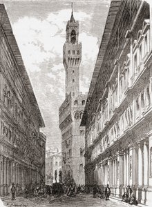Az Uffizi, a Palazzo Vecchio és szobrok a Piazza della Signoria téren, Firenze, Olaszország, 19. század vége. A Rev. Samuel Manning által 1890 körül kiadott Italian Pictures című kötetből. alkotó: Reverend Samuel Manning