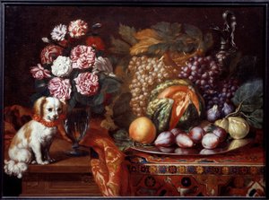 Csendélet törpe spániellel. Renaud Levieux festménye: Reynaud Le Vieux (1625-1690 körül)