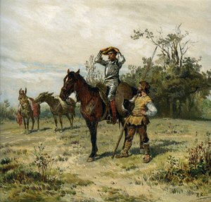Don Quijote lovagol Rossinante-on, viseli a sisakját, Sancho Panza viszi a lándzsáját. alkotó: Ricardo Balaca