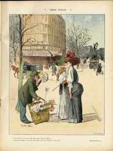 Illusztráció: Ricardo Flores (1878-1918) a Le Rire-ben, 08.04.25 - Három részlet - Építészet Urbanizmus, Divat, Kalap, Közlekedés, Virágok, Boltok alkotó: Ricardo Flores