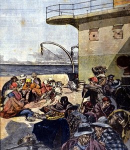 olasz emigráció Kanadába; az utazás a Lake Megantic fedélzetén meglehetősen nehéz körülmények között zajlott. R. Pellegrini ill. La Domenica del corriere. 1901.02.06. alkotó: Riccardo Pellegrini
