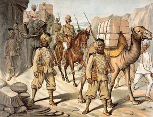 A 20. bengáli (pandzsábi) bennszülött gyalogság, a Field Service Kit, az 1880-as évek angol-indiai hadseregének kísérete (színes litho)