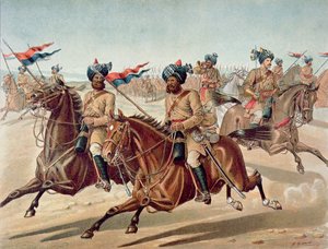 Scouts of the 10th Bengal Lancers (field Service Kit), az 1880-as évek angol-indiai hadserege (színes litho)