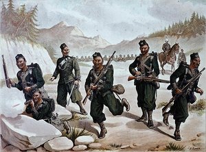 A 3. gurkha csetepaté, az 1880-as évek angol-indiai hadserege (színes litho)