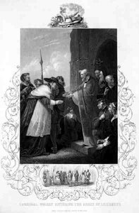Wolsey bíboros belép a leicesteri apátságba, William Shakespeare (1564-1616) VIII. Henrikjében, metszette A. H. Payne (metszet).