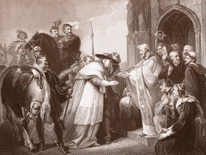 Wolsey bíboros a Leicesteri apátságban, R. Walther metszete (litho)