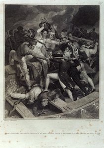 Nelson ellentengernagy konfliktusa az uszályában spanyol kilövéssel, 1797. július 3-án éjszaka, metszett A. Smith, kiadó: Cadell & Davies, 1809. május (metszet)