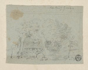 Vázlat a fákról a híd közelében (szén és grafit kék színű papíron, krémszínű szőtt papírra hegyezve) alkotó: Richard (attr.to) Wilson