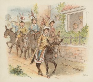Gyerekek szamáron háborúzni (színes litó)