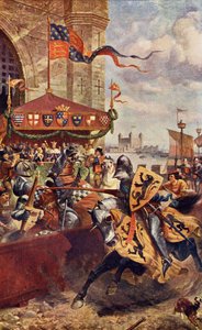 Ünnepélyes verseny a London Bridge-en David de Lyndsays és Lord John de Welles között 1390-ben, illusztráció A. R. Hope Moncrieff „Romance and Legend of Chivalry” című művéből