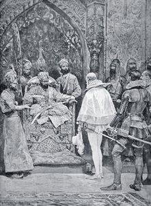 Nagy Akbar fogadja Erzsébet királynő nagykövetét 1599-ben (litho)