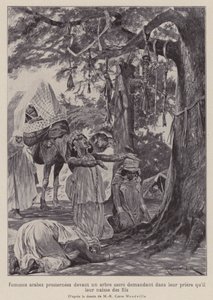 Az arab nők egy szent fa előtt leborulva imádkoznak, hogy gyermeket kapjanak (litho)