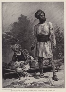 Az irgalom veszélyei, az indiai mentőszállítók tűz alatt (litho) alkotó: Richard Caton II (after) Woodville