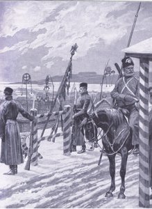 Kozák állomás Mandzsúriában törzsi táblákkal a férfikunyhók felett, illusztráció a Cassells History of the Orosz-Japán háború 1. kötetéből, 1900 körül alkotó: Richard Caton Woodville