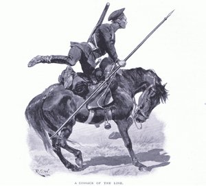 A vonal egy kozákja, illusztráció a Cassells History of the Russian-Japanese War 1. kötetből, 1900 körül