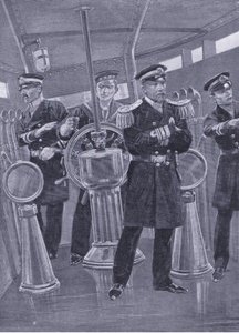 Togo admirális zászlóshajója Conning-tornyában, haditengerészeti akciót irányít, illusztráció a Cassells History of the Orosz-Japán háború 1. kötetéből, 1900 körül. alkotó: Richard Caton Woodville