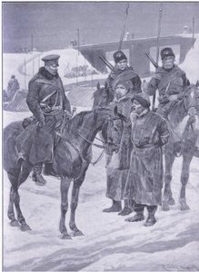 Kuliként felfedezett japán kémek letartóztatása, illusztráció: Cassells Az orosz-japán háború története, 1. kötet, 1900 körül alkotó: Richard Caton Woodville