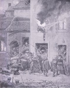 Harcban az ellenséggel: Háztól házig vívott harc Ypres-ben, a History of the Great War 3. kötetéből, amelyet a Waverley Book Co Limited adott ki, 1920 körül alkotó: Richard Caton Woodville