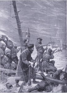 Attack on the railway by Chunchuses, illustration fromCassells History of the Russo-Japanese War Vol 1, c.1900 alkotó: Richard Caton Woodville
