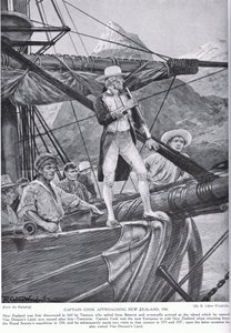 Cook kapitány közeledik Új-Zélandhoz, illusztráció a „Hutchinson története a brit nemzetről”, 1923 körül alkotó: Richard Caton Woodville