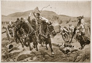 A tábori tüzérség akcióba lép, illusztráció a „Tizenegyedik századi csaták” című kötetből. VI: Az 1899-1900 közötti búr háború, Archibald Forbes, G.A. Henty és Arthur Griffiths őrnagy alkotó: Richard Caton Woodville